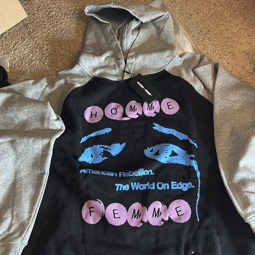 Homme Femme Teary Eye Graphic Hoodie - Black and Gray with Blue and Pink Accents